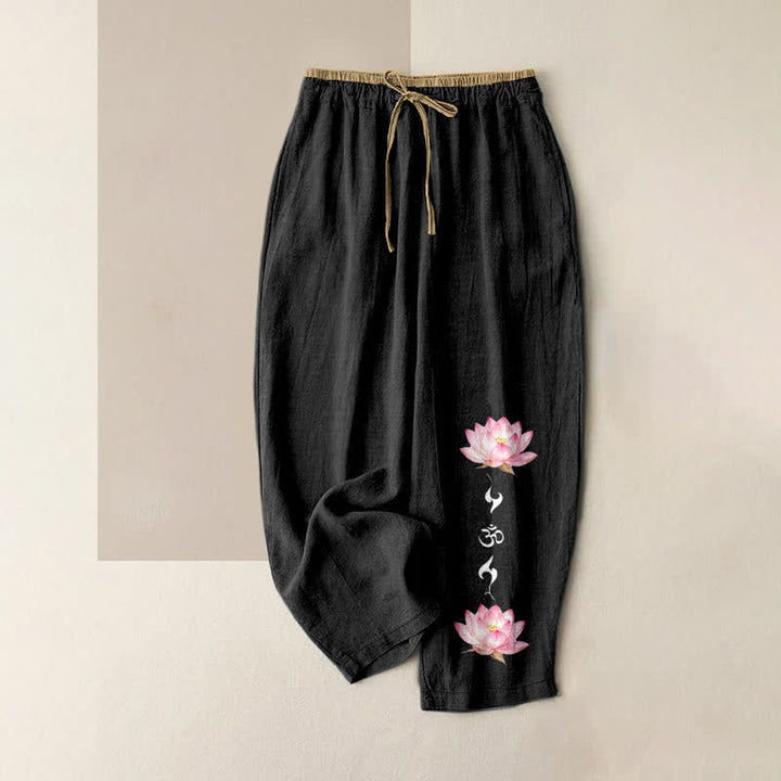 Buddha Stones Pantalon pour femme en pur coton rose à motif lotus OM Zen et taille élastique avec poches - Noir - US16，UK/AU20，EU48 (3XL) - image 4