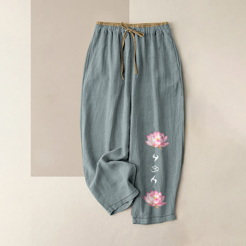 Buddha Stones Pantalon pour femme en pur coton rose à motif lotus OM Zen et taille élastique avec poches - Bleu clair - US16，UK/AU20，EU48 (3XL) - image 0