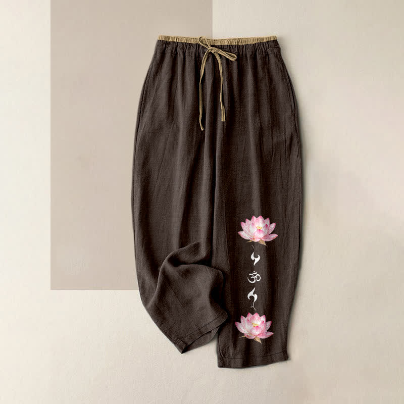 Buddha Stones Pantalon pour femme en pur coton rose à motif lotus OM Zen et taille élastique avec poches - SaddleBrown - US16，UK/AU20，EU48 (3XL) - image 8