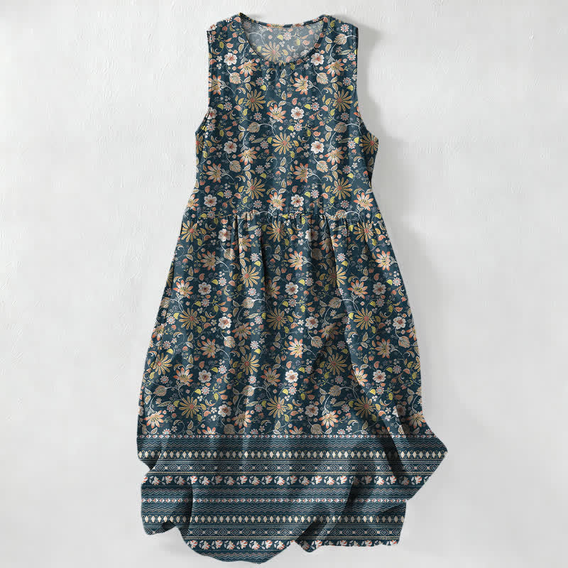 Buddha Stones Robe midi d'été décontractée pour femme, à motif floral vintage à rayures et feuilles, avec poches - SteelBlue - US16，UK/AU20，EU48 (3XL) - image 0