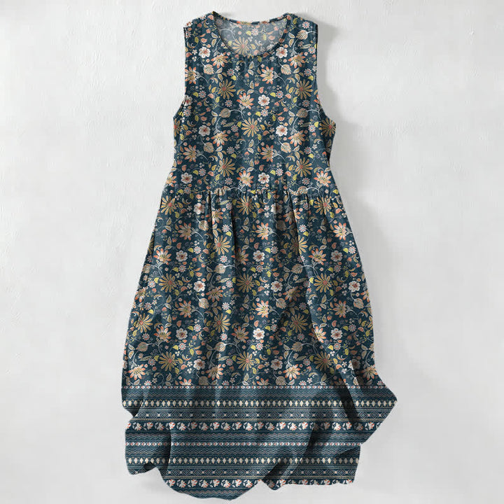 Buddha Stones Robe midi d'été décontractée pour femme, à motif floral vintage à rayures et feuilles, avec poches - SteelBlue - US16，UK/AU20，EU48 (3XL) - image 0