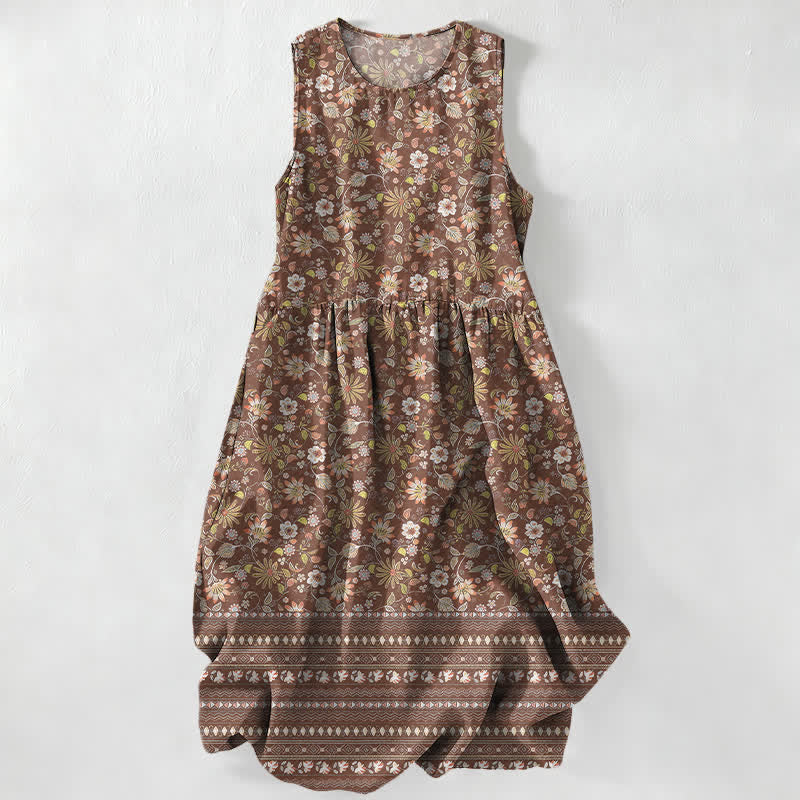 Buddha Stones Robe midi d'été décontractée pour femme, à motif floral vintage à rayures et feuilles, avec poches - Terre de sienne - US16，UK/AU20，EU48 (3XL) - image 4