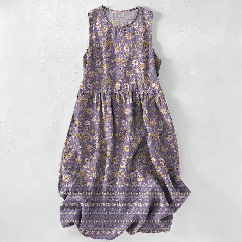 Buddha Stones Robe midi d'été décontractée pour femme, à motif floral vintage à rayures et feuilles, avec poches - Violet moyen - US16，UK/AU20，EU48 (3XL) - image 5