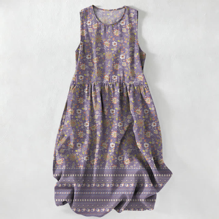 Buddha Stones Robe midi d'été décontractée pour femme, à motif floral vintage à rayures et feuilles, avec poches - Violet moyen - US16，UK/AU20，EU48 (3XL) - image 5
