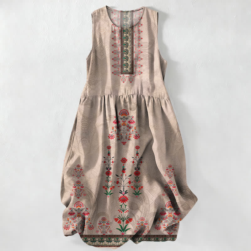 Buddha Stones Robe midi d'été décontractée et vintage à petits motifs floraux rouges géométriques et poches pour femme - Tanné - US16，UK/AU20，EU48 (3XL) - image 0