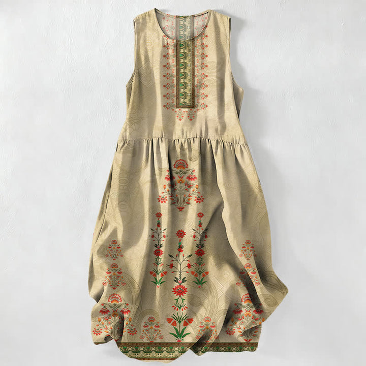 Buddha Stones Robe midi d'été décontractée et vintage à petits motifs floraux rouges géométriques et poches pour femme - Jaune d'or pâle - US16，UK/AU20，EU48 (3XL) - image 4