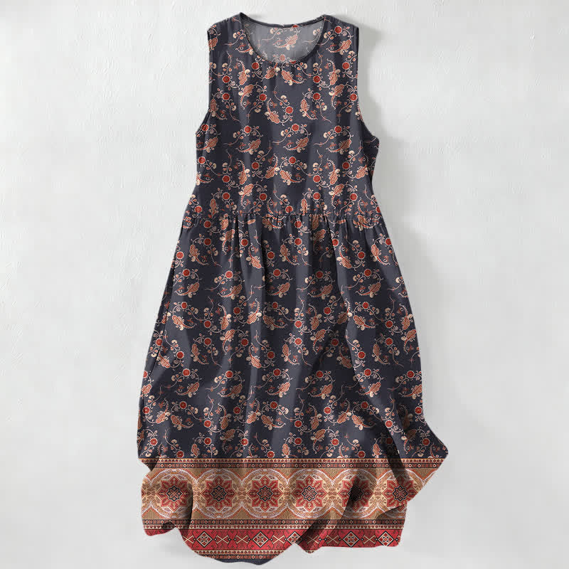 Buddha Stones Robe midi d'été décontractée pour femme, à motif floral vintage et sans manches, avec poches - Noir - US16，UK/AU20，EU48 (3XL) - image 0