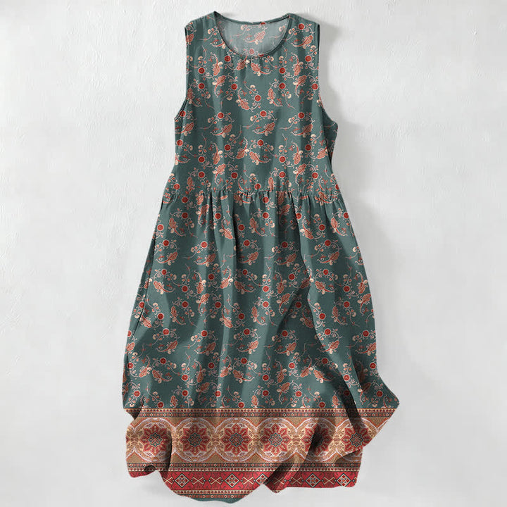 Buddha Stones Robe midi d'été décontractée pour femme, à motif floral vintage et sans manches, avec poches - Vert d'eau - US16，UK/AU20，EU48 (3XL) - image 4