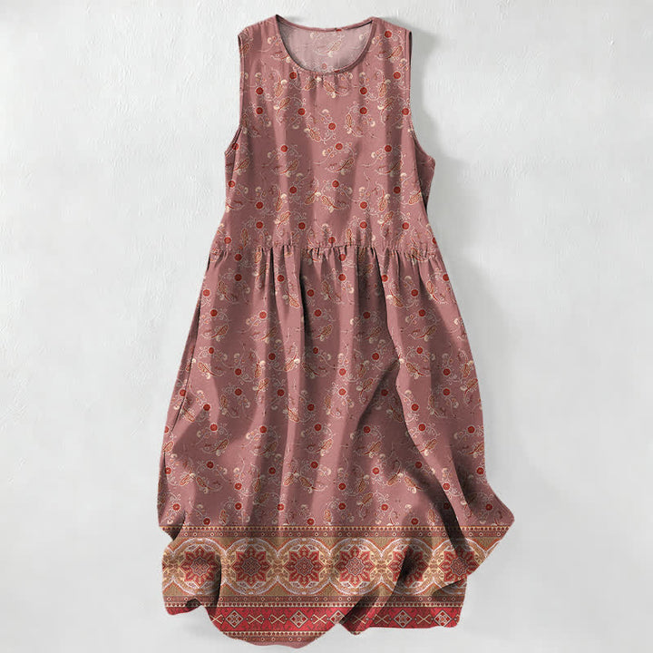 Buddha Stones Robe midi d'été décontractée pour femme, à motif floral vintage et sans manches, avec poches - Saumon foncé - US16，UK/AU20，EU48 (3XL) - image 5