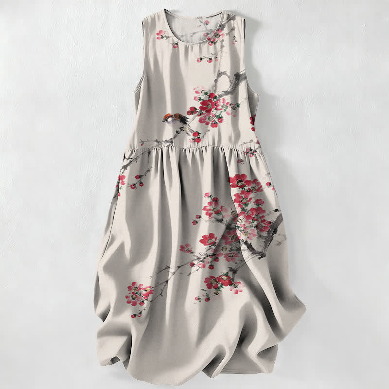 Buddha Stones Robe midi d'été décontractée pour femme, sans manches, à motif de branches fleuries roses, avec poches - Beige - US16，UK/AU20，EU48 (3XL) - image 0