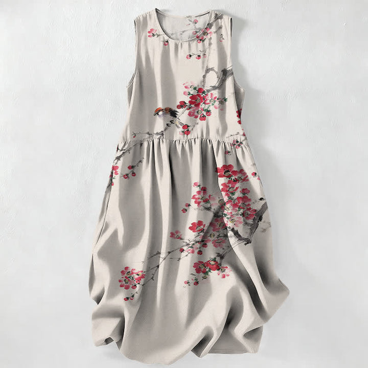 Buddha Stones Robe midi d'été décontractée pour femme, sans manches, à motif de branches fleuries roses, avec poches - Beige - US16，UK/AU20，EU48 (3XL) - image 0