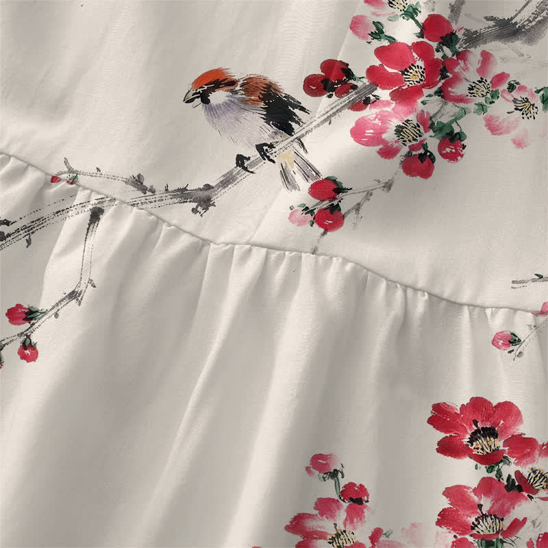 Buddha Stones Robe midi d'été décontractée pour femme, sans manches, à motif de branches fleuries roses, avec poches - image 1