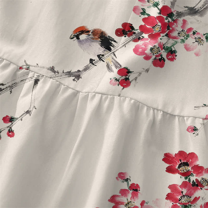 Buddha Stones Robe midi d'été décontractée pour femme, sans manches, à motif de branches fleuries roses, avec poches - image 1
