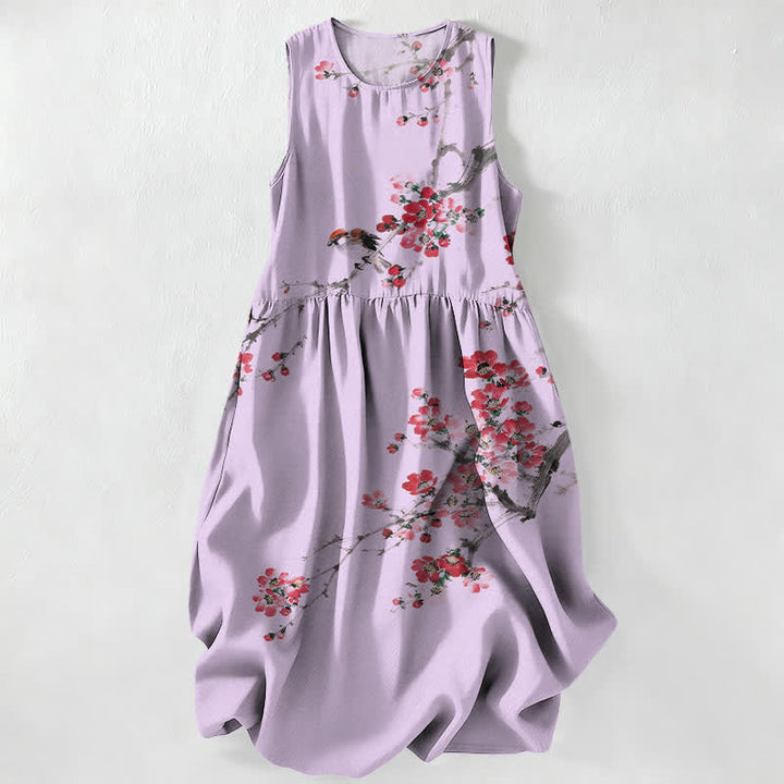 Buddha Stones Robe midi d'été décontractée pour femme, sans manches, à motif de branches fleuries roses, avec poches - Chardon - US16，UK/AU20，EU48 (3XL) - image 4