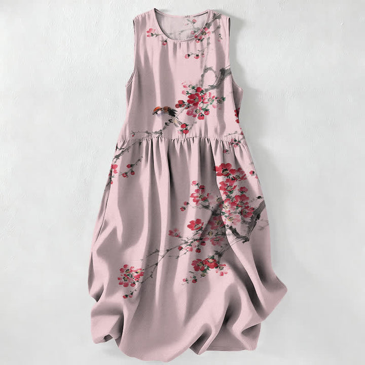 Buddha Stones Robe midi d'été décontractée pour femme, sans manches, à motif de branches fleuries roses, avec poches - Rose clair - US16，UK/AU20，EU48 (3XL) - image 5