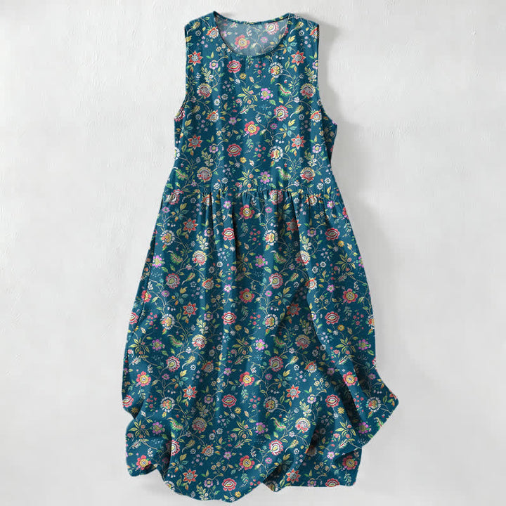 Buddha Stones Robe midi d'été décontractée et vintage à motif de feuilles de fleurs sauvages, sans manches et avec poches, pour femme - SteelBlue - US16，UK/AU20，EU48 (3XL) - image 0