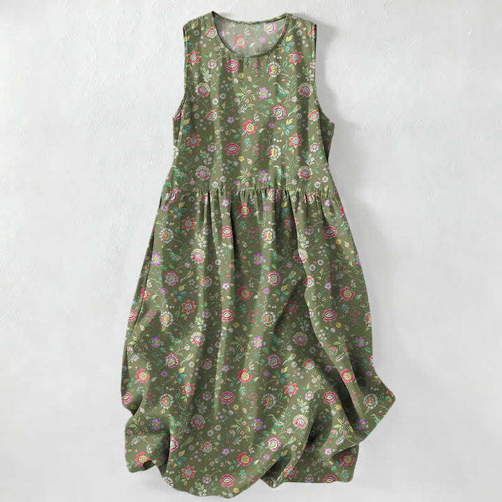 Buddha Stones Robe midi d'été décontractée et vintage à motif de feuilles de fleurs sauvages, sans manches et avec poches, pour femme - Vert olive foncé - US16，UK/AU20，EU48 (3XL) - image 4