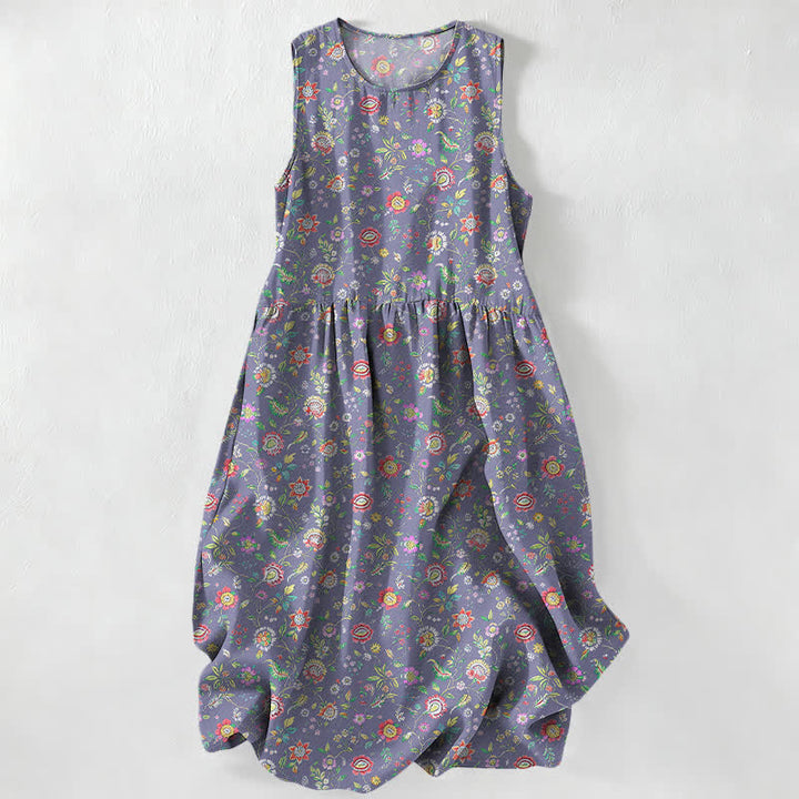 Buddha Stones Robe midi d'été décontractée et vintage à motif de feuilles de fleurs sauvages, sans manches et avec poches, pour femme - Violet moyen - US16，UK/AU20，EU48 (3XL) - image 5