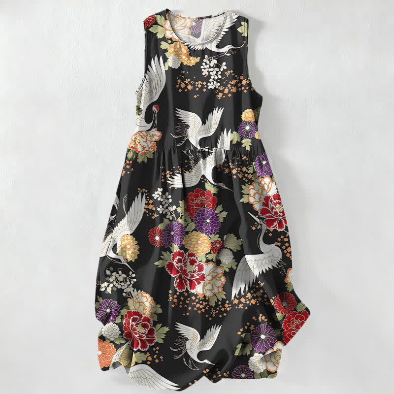 Buddha Stones Robe midi d'été décontractée et vintage à motif floral et grues, sans manches et avec poches, pour femme - Noir - US16，UK/AU20，EU48 (3XL) - image 0