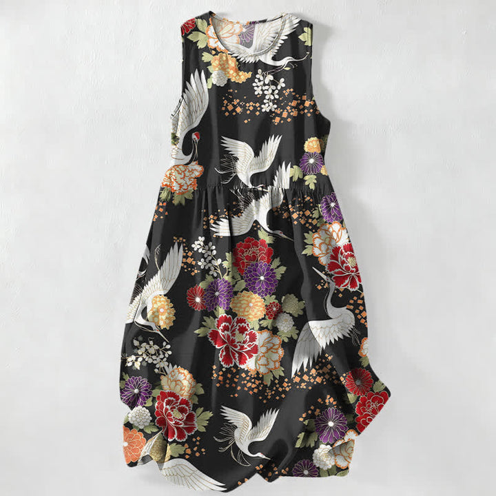 Buddha Stones Robe midi d'été décontractée et vintage à motif floral et grues, sans manches et avec poches, pour femme - Noir - US16，UK/AU20，EU48 (3XL) - image 0