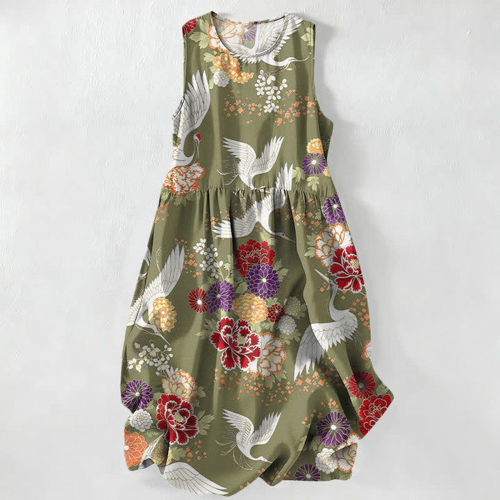 Buddha Stones Robe midi d'été décontractée et vintage à motif floral et grues, sans manches et avec poches, pour femme - Vert olive - US16，UK/AU20，EU48 (3XL) - image 4