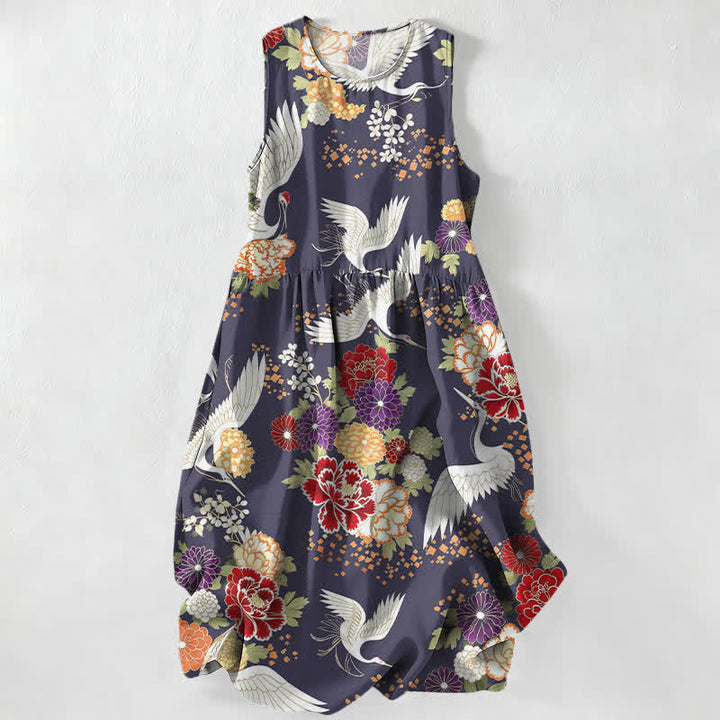 Buddha Stones Robe midi d'été décontractée et vintage à motif floral et grues, sans manches et avec poches, pour femme - Bleu ardoise foncé - US16，UK/AU20，EU48 (3XL) - image 5
