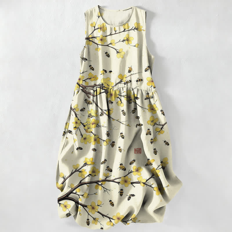 Buddha Stones Robe midi d'été décontractée jaune à motif floral et branches, sans manches et avec poches. - Beige - US16，UK/AU20，EU48 (3XL) - image 0