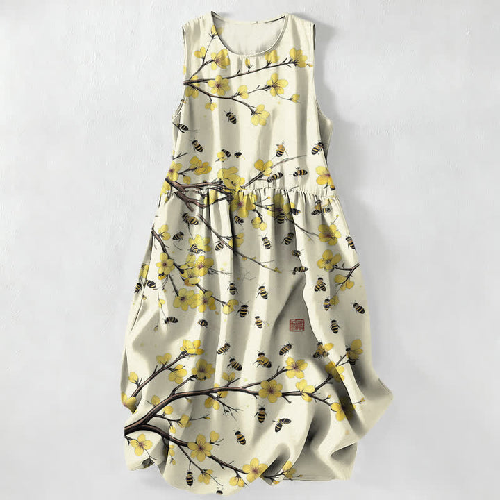 Buddha Stones Robe midi d'été décontractée jaune à motif floral et branches, sans manches et avec poches. - Beige - US16，UK/AU20，EU48 (3XL) - image 0
