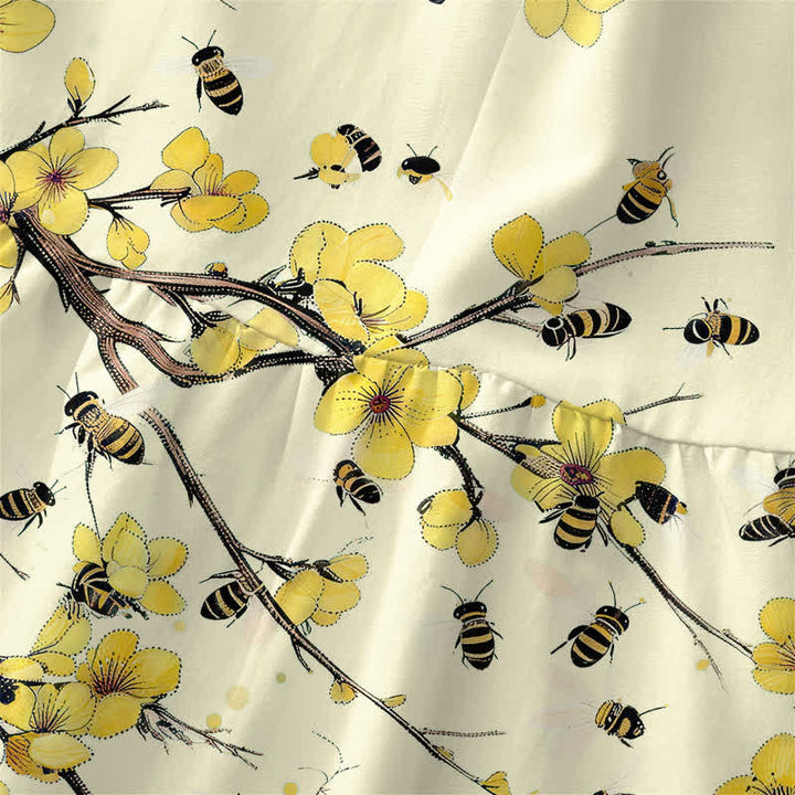 Buddha Stones Robe midi d'été décontractée jaune à motif floral et branches, sans manches et avec poches. - image 1
