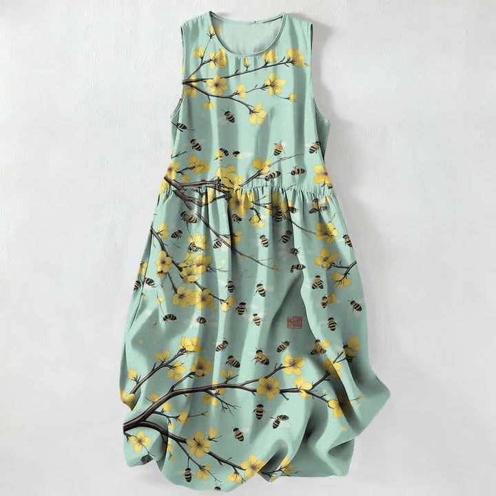 Buddha Stones Robe midi d'été décontractée jaune à motif floral et branches, sans manches et avec poches. - Vert pâle - US16，UK/AU20，EU48 (3XL) - image 4