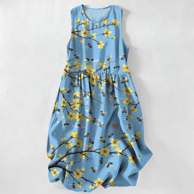 Buddha Stones Robe midi d'été décontractée jaune à motif floral et branches, sans manches et avec poches. - Bleu clair - US16，UK/AU20，EU48 (3XL) - image 5