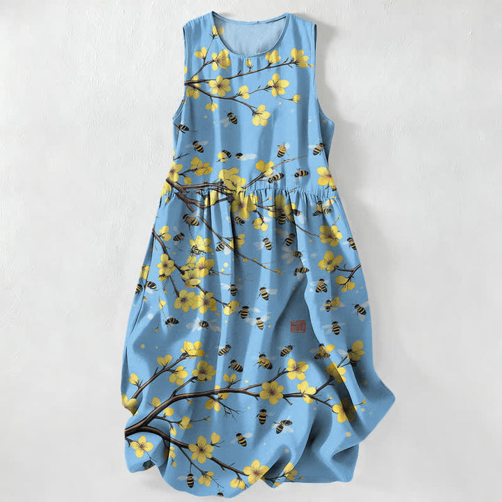 Buddha Stones Robe midi d'été décontractée jaune à motif floral et branches, sans manches et avec poches. - Bleu clair - US16，UK/AU20，EU48 (3XL) - image 5