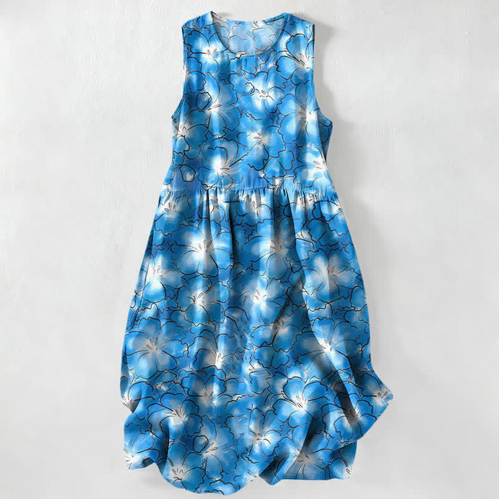 Buddha Stones Robe midi d'été décontractée blanche à motif floral et pétales, sans manches et avec poches, pour femme - Bleuet - US16，UK/AU20，EU48 (3XL) - image 0