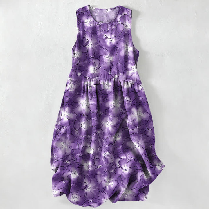 Buddha Stones Robe midi d'été décontractée blanche à motif floral et pétales, sans manches et avec poches, pour femme - Violet moyen - US16，UK/AU20，EU48 (3XL) - image 5