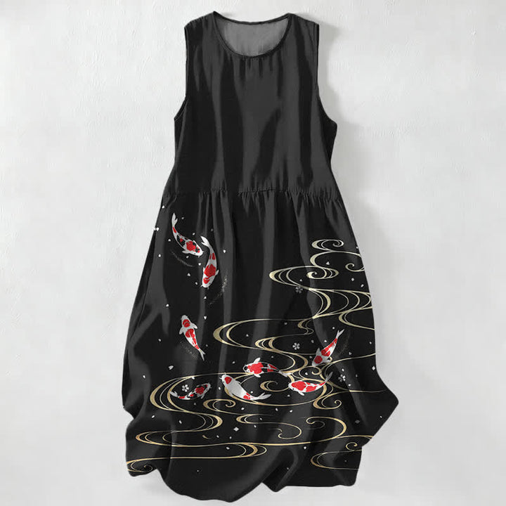 Buddha Stones Robe midi d'été décontractée pour femme, à motif ondulé de carpes koï, avec poches - Noir - US16，UK/AU20，EU48 (3XL) - image 0