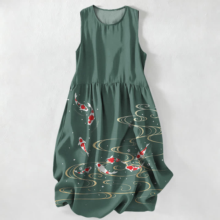 Buddha Stones Robe midi d'été décontractée pour femme, à motif ondulé de carpes koï, avec poches - Vert d'eau - US16，UK/AU20，EU48 (3XL) - image 4