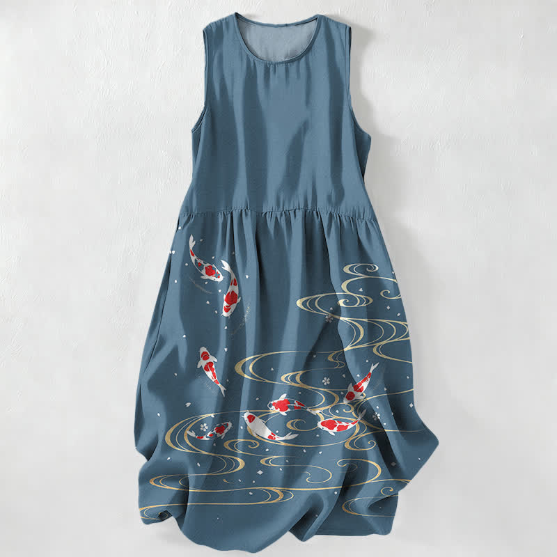 Buddha Stones Robe midi d'été décontractée pour femme, à motif ondulé de carpes koï, avec poches - DarkCyan - US16，UK/AU20，EU48 (3XL) - image 5