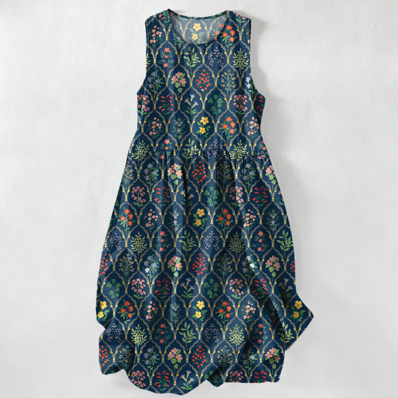 Buddha Stones Robe midi d'été décontractée pour femme, sans manches, à motifs floraux colorés variés et avec poches - Bleu nuit - US16，UK/AU20，EU48 (3XL) - image 0