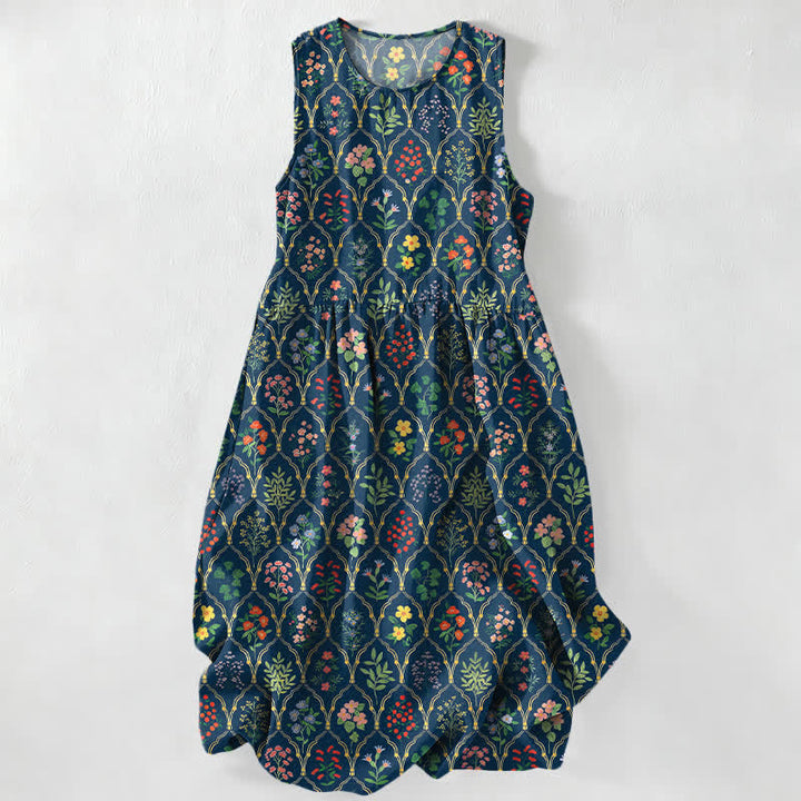 Buddha Stones Robe midi d'été décontractée pour femme, sans manches, à motifs floraux colorés variés et avec poches - Bleu nuit - US16，UK/AU20，EU48 (3XL) - image 0