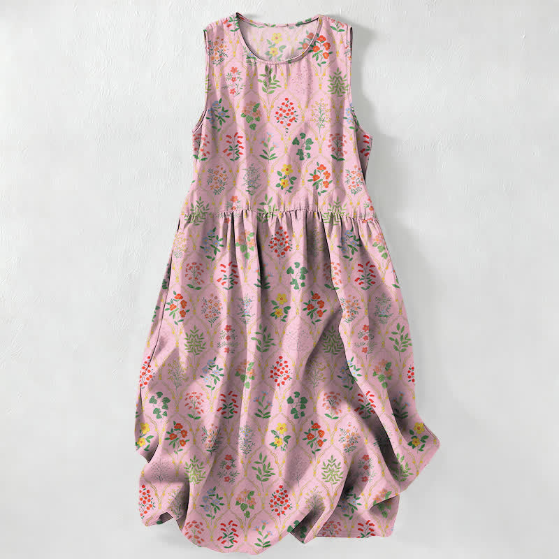 Buddha Stones Robe midi d'été décontractée pour femme, sans manches, à motifs floraux colorés variés et avec poches - Rose clair - US16，UK/AU20，EU48 (3XL) - image 4
