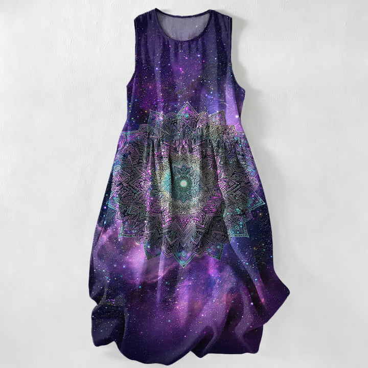 Buddha Stones Robe midi d'été décontractée pour femme, sans manches, à motif mandala cosmique et galaxie, avec poches - Indigo - US16，UK/AU20，EU48 (3XL) - image 0
