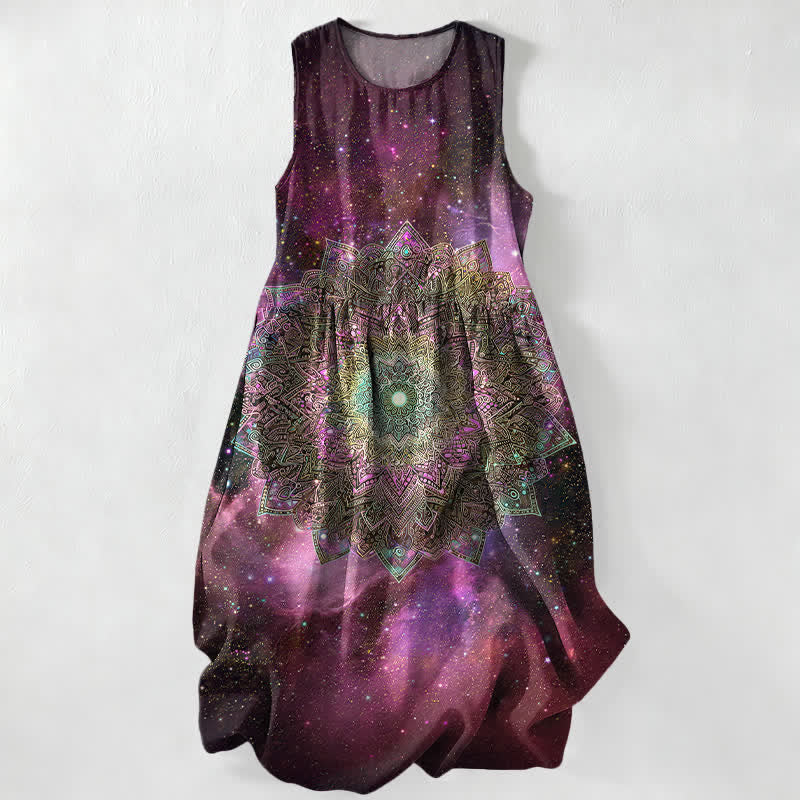 Buddha Stones Robe midi d'été décontractée pour femme, sans manches, à motif mandala cosmique et galaxie, avec poches - Violet - US16，UK/AU20，EU48 (3XL) - image 4