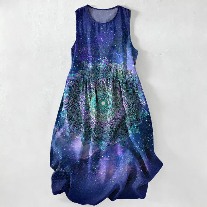 Buddha Stones Robe midi d'été décontractée pour femme, sans manches, à motif mandala cosmique et galaxie, avec poches - Bleu nuit - US16，UK/AU20，EU48 (3XL) - image 5
