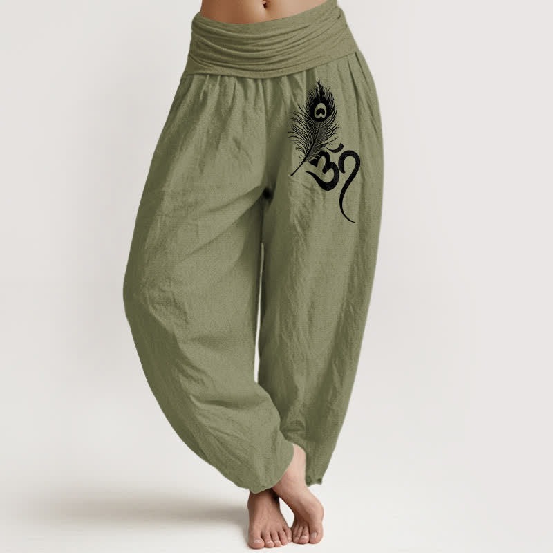 Buddha Stones Pantalon harem pour femme en pur coton à motif de plumes Om et taille élastique - Vert olive - US16，UK/AU20，EU48 (3XL) - image 11