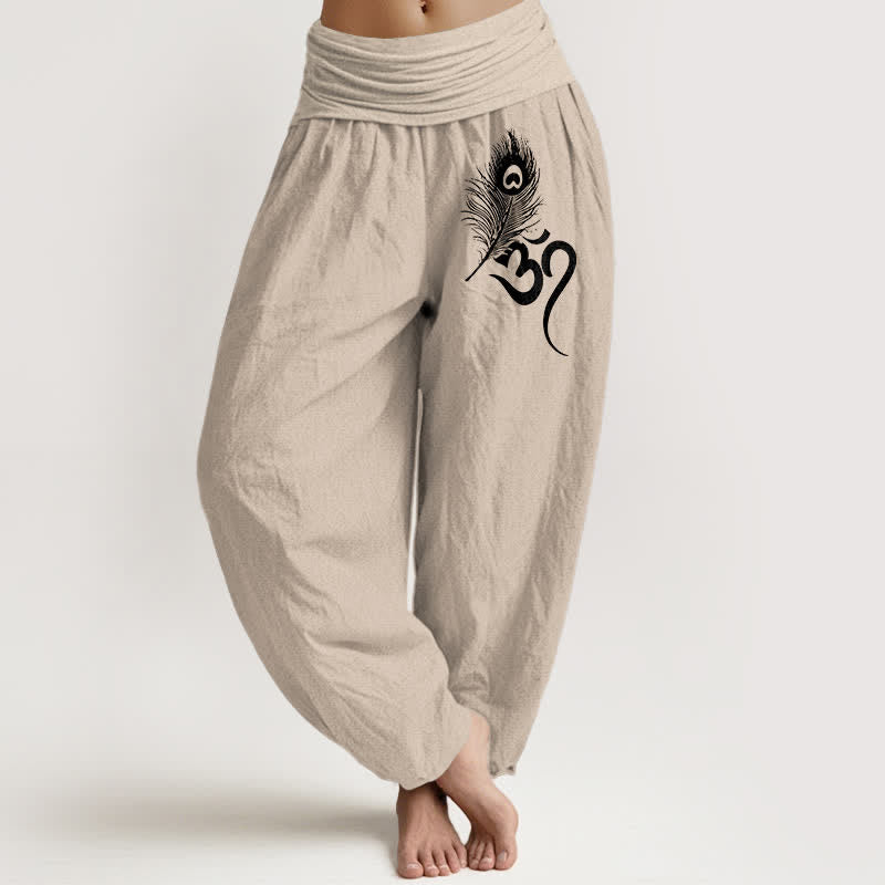 Buddha Stones Pantalon harem pour femme en pur coton à motif de plumes Om et taille élastique - Tanné - US16，UK/AU20，EU48 (3XL) - image 14