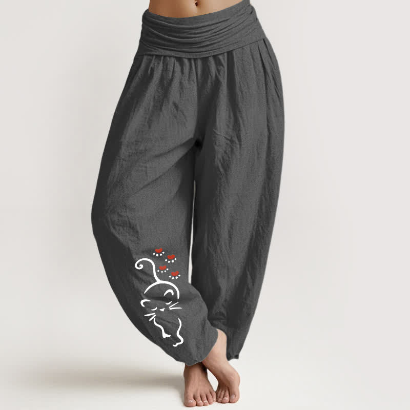 Buddha Stones Pantalon harem pour femme en pur coton, motif chat, taille élastique - Gris sombre - US16，UK/AU20，EU48 (3XL) - image 8