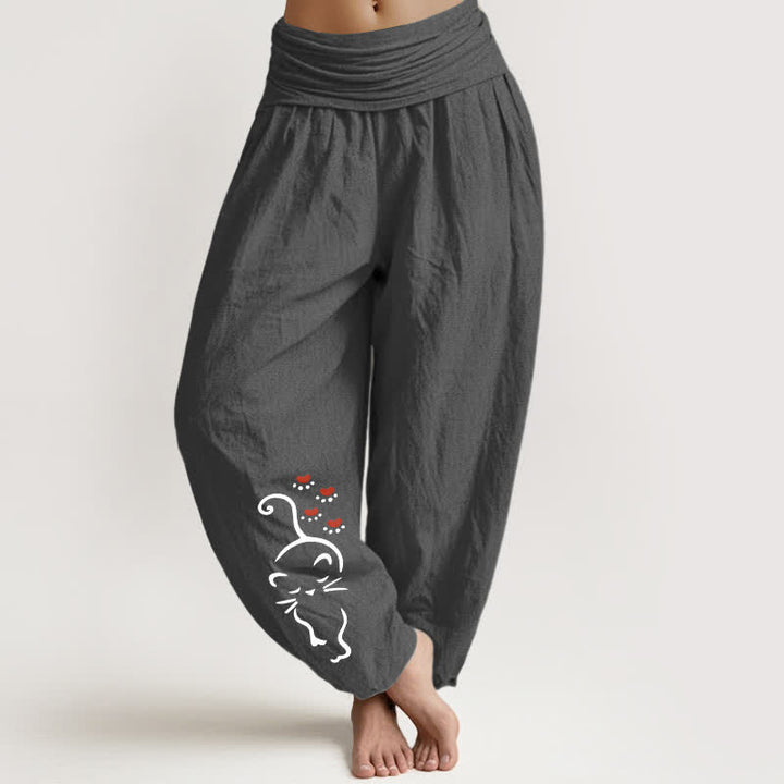 Buddha Stones Pantalon harem pour femme en pur coton, motif chat, taille élastique - Gris sombre - US16，UK/AU20，EU48 (3XL) - image 8