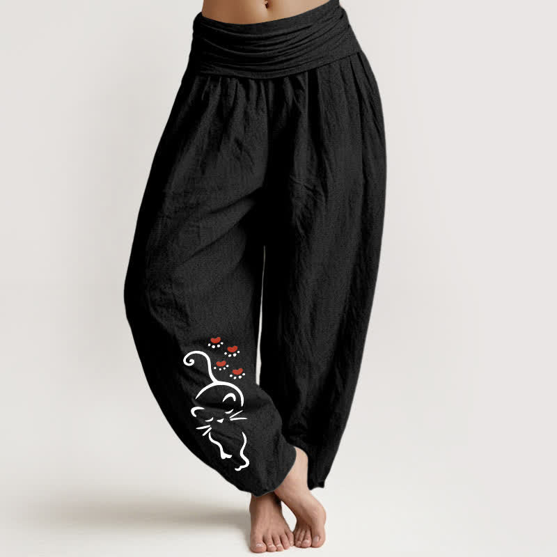 Buddha Stones Pantalon harem pour femme en pur coton, motif chat, taille élastique - Noir - US16，UK/AU20，EU48 (3XL) - image 5