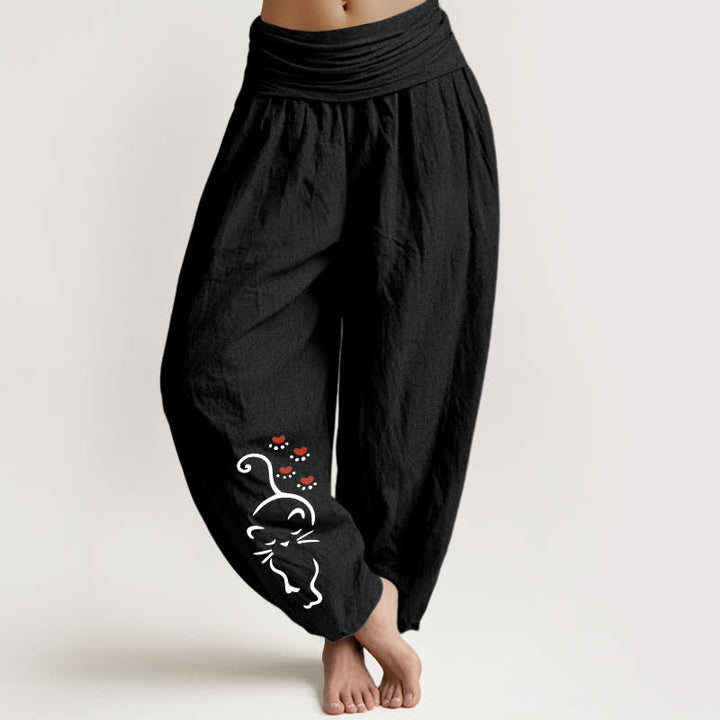 Buddha Stones Pantalon harem pour femme en pur coton, motif chat, taille élastique - Noir - US16，UK/AU20，EU48 (3XL) - image 5