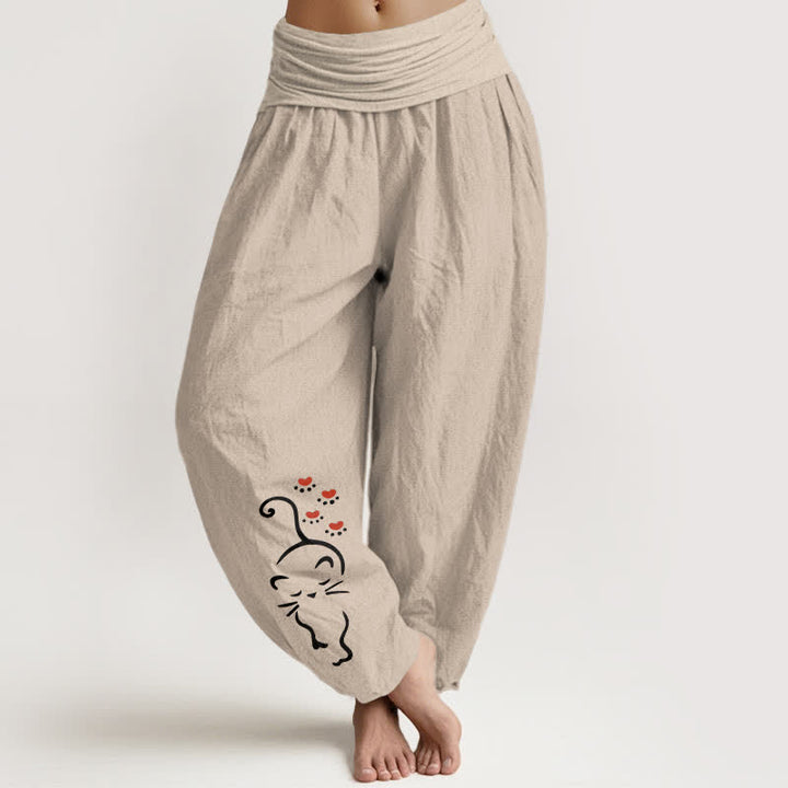 Buddha Stones Pantalon harem pour femme en pur coton, motif chat, taille élastique - Tanné - US16，UK/AU20，EU48 (3XL) - image 0